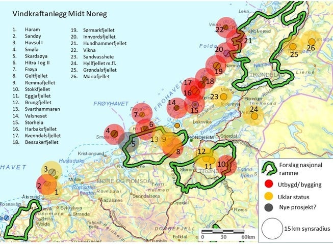 Midt-Norge kart med informasjon om vindkraftanleggene