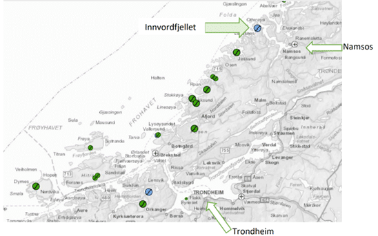 Viser vindindustrianlegg langs Trøndelagskysten og hvor Innvordfjellet ligger.